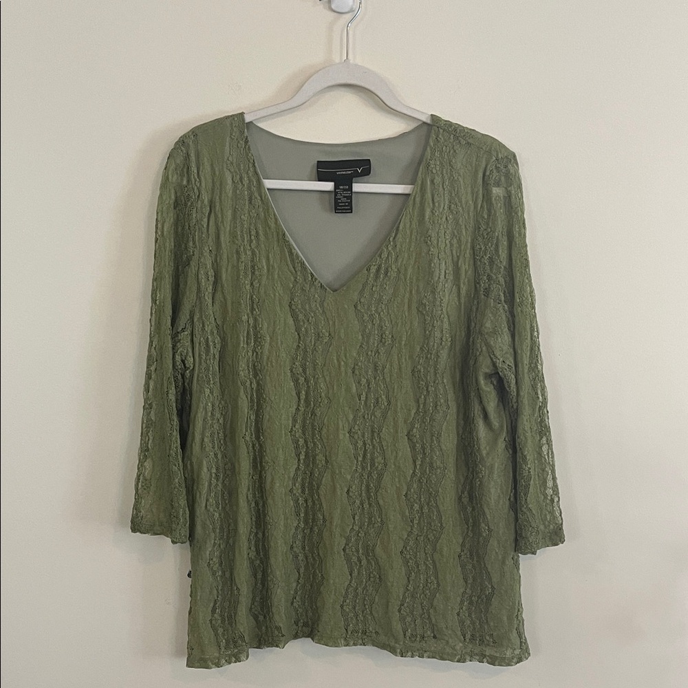 Vintage Venezia Green Lace Top Earthy Fairy Sheer Bohemian 7/8 Sleeves Forest‎